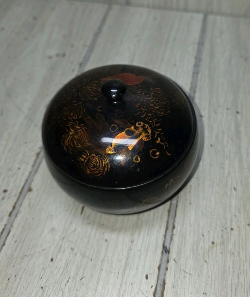 Vintage Asian Black Lacquered Trinket Box Koi Fish Design Super Gloss Read